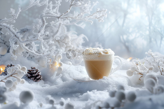 森林雪地的咖啡图片