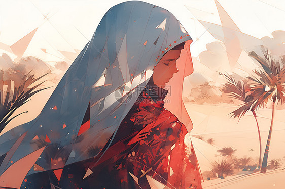 红裙女子在沙漠中漫步图片