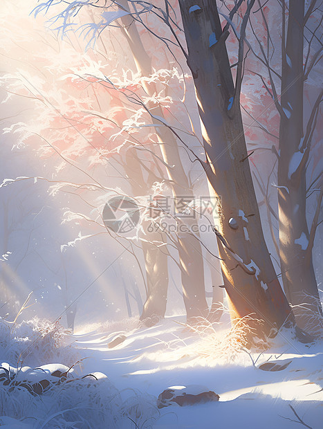 冬日阳光洒在森林图片