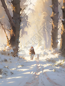 冬日树林中漫步插画