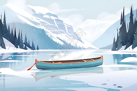 冬日宁静冰雪湖面上徐徐漂浮的船只图片