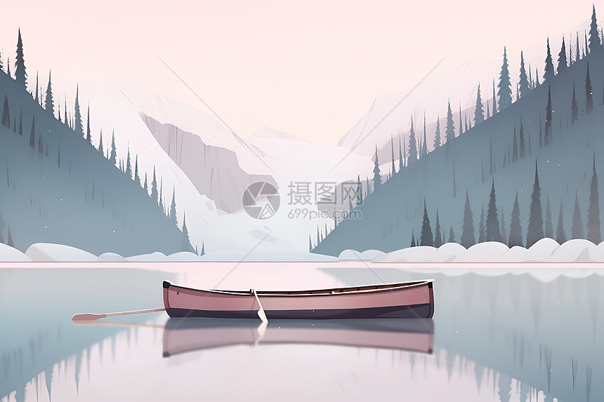冬日宁静孤舟在冰湖上图片