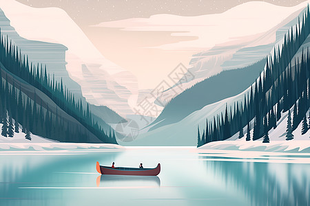 冬日宁静湖上一艘独木舟图片