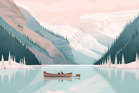 安静的冬季湖上的一艘孤舟图片