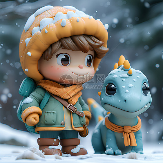 冬季的男孩和玩具恐龙图片