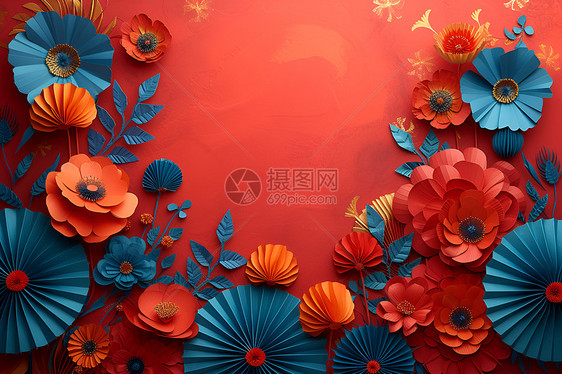 红色背景上的花与扇图片