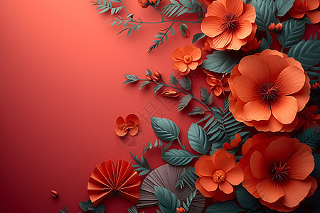 红色背景中的花卉和纸扇图片