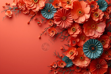 喜庆装饰红色花朵与纸扇的剪纸艺术插画