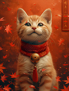 戴着红围巾的猫坐在红叶间高清图片