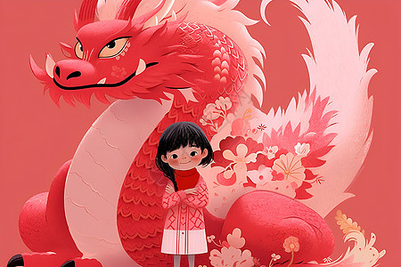 小女孩和红色中国龙背景图片
