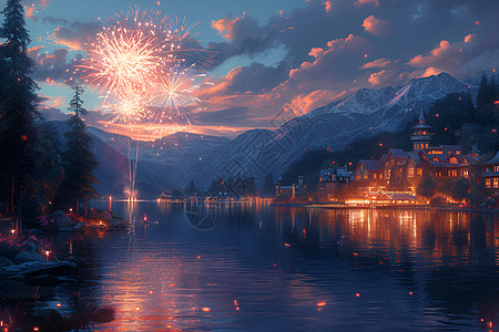 湖畔夜空璀璨烟花背景图片