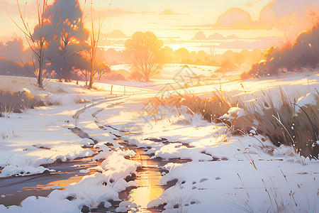 白雪皑皑中的田园小径图片