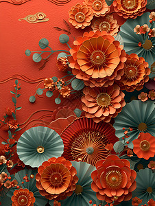 红色花札精致纸剪艺术背景图片