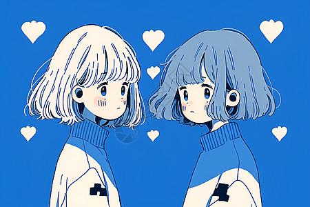 绚丽的蓝色背景下两个动漫女孩背景图片