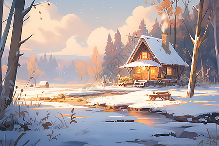 冬日仙境中的小屋图片