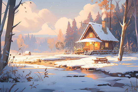 冬日仙境中的小屋图片