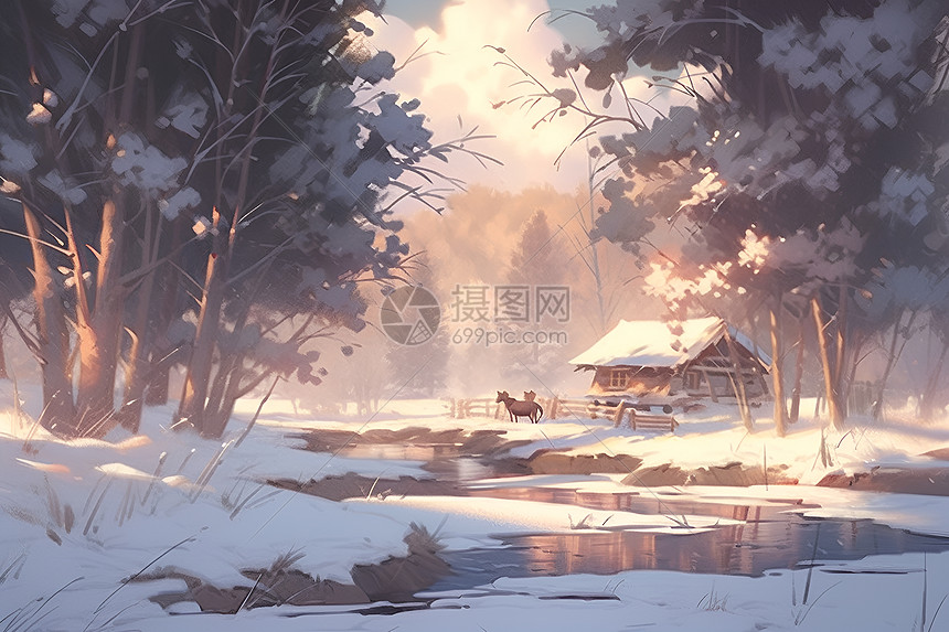 童话冰雪世界中的小屋图片