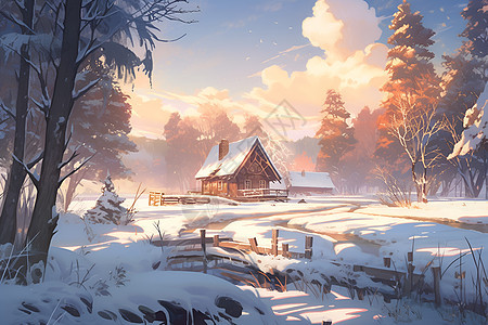 雪中幽静的冬日小屋图片