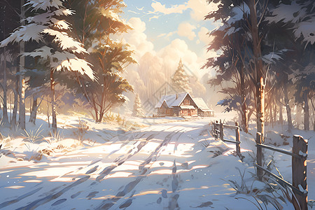 冬日小屋的唯美插画背景图片