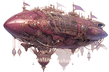 紫色高雅气氛下的手绘蒸汽朋克飞船背景图片