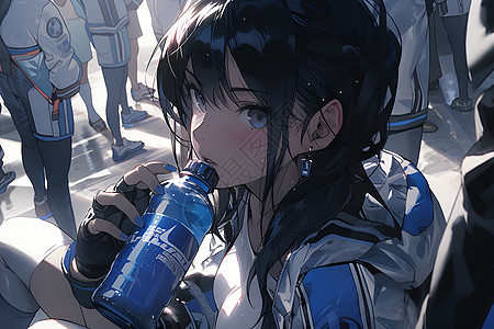 穿蓝色运动服女人拿着一瓶蓝色水壶喝水插画