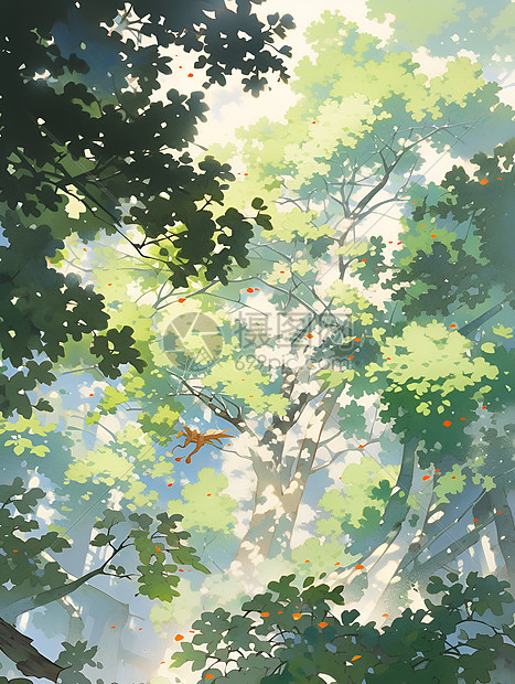 夏日森林树冠如仙光倾洒图片