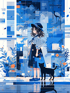少女与猫在迷人的蓝色背景前高清图片
