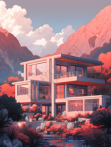 桃红色背景的别墅插画