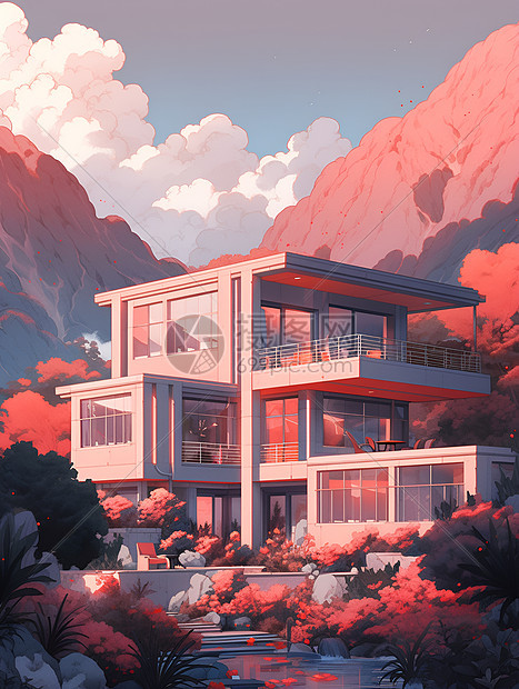 桃红色背景的别墅图片