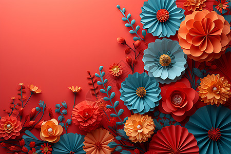 剪纸风展板红色背景上的花朵插画