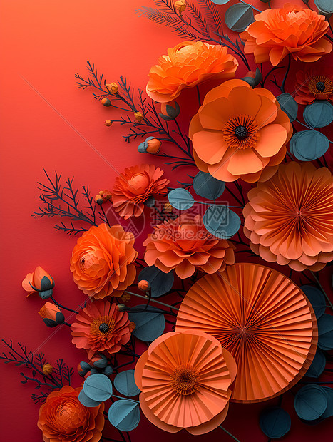 红色花朵与纸扇图片