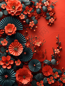 红色花朵与纸扇图片