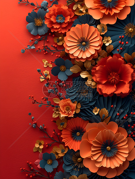 红色背景下的花束与纸扇图片