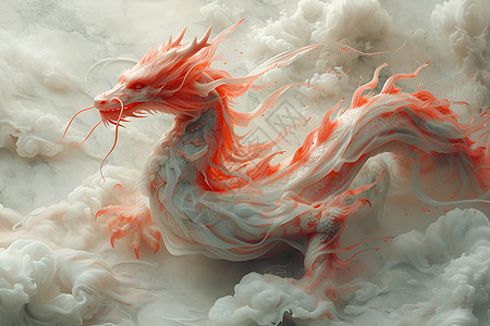 中国龙在红白云烟中翱翔图片