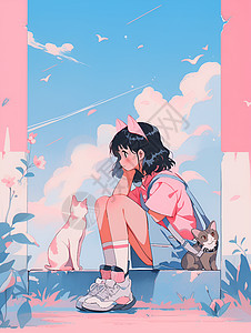 少女与猫咪的可爱插画背景图片