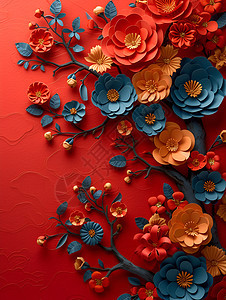 红色背景中的艺术花卉图片