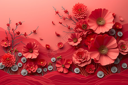 红色背景中的花与扇图片