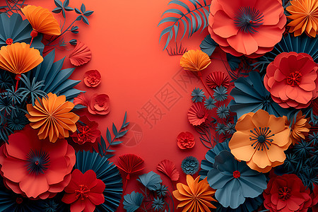红色背景中的花朵和扇子图片