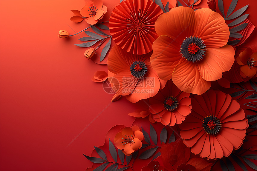 剪纸的红色花朵图片