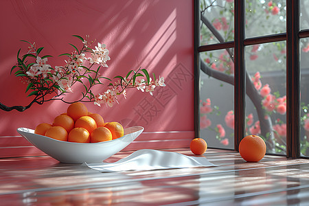 橙子和窗外的花图片