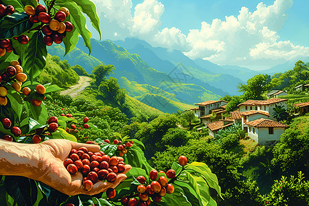 农业采摘咖啡豆的田园插画