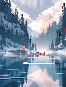 悠然宁静冬日湖上的独木舟图片