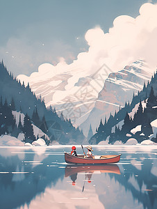 寂静冬日的湖面上一只孤独的独木舟图片