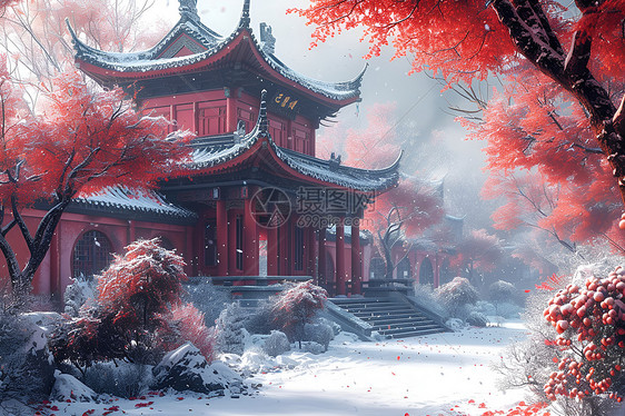 雪中红墙红树伴随图片