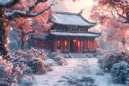 雪中梅花间的宫殿背景图片