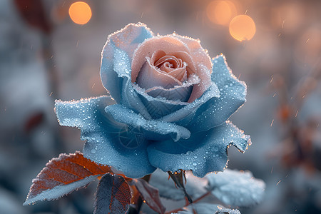 朦胧光影中的破碎冰蓝玫瑰高清图片