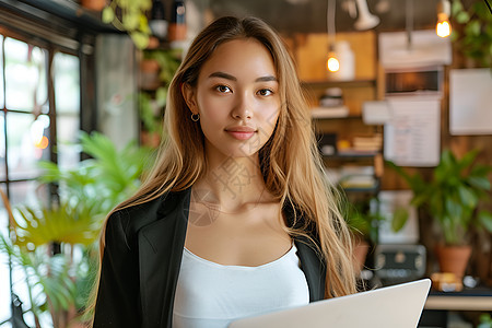 年轻女子在办公室拿着笔记本背景图片