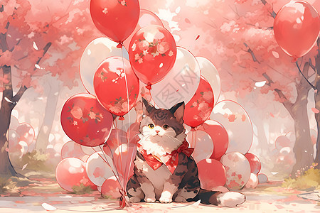 猫与红色气球图片
