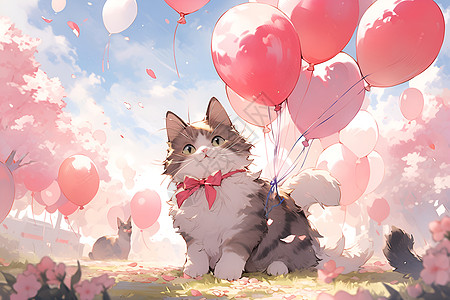 宠物饮水幸运猫与红色气球插画