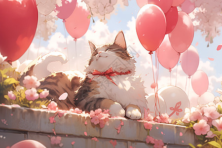 浪漫樱花下的红气球猫咪图片